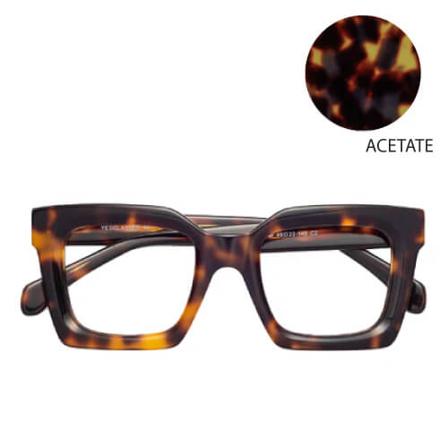 Tortoiseshell eyeglasses with close-up of tortoiseshell pattern and 'ACETATE' label.