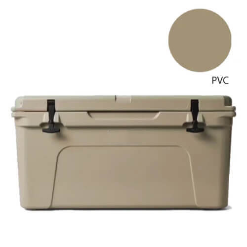 Beige cooler box with black handles on a white background, featuring a color swatch labeled 'PVC'.