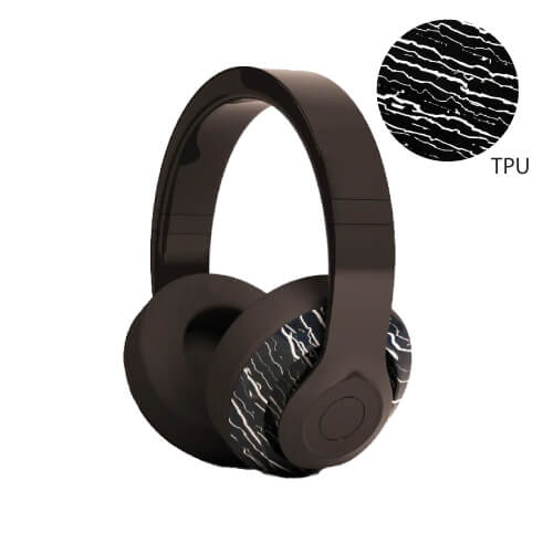 Black over-ear headphones with TPU material detail on a white background